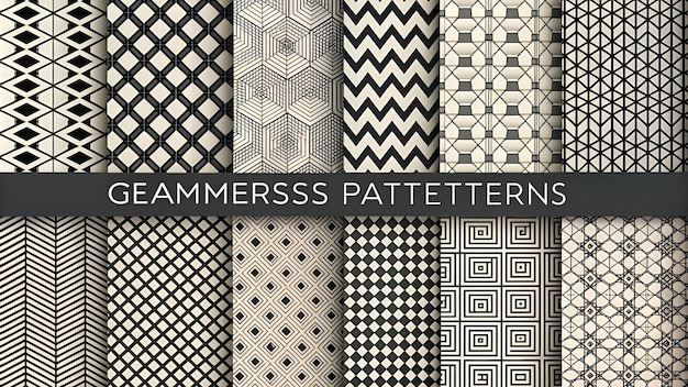 Photo geometric set of seamless black and white patterns simple vector graphics