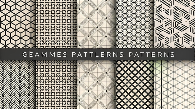 Photo geometric set of seamless black and white patterns simple vector graphics