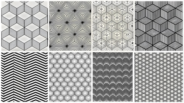 Photo geometric set of seamless black and white patterns simple vector graphics