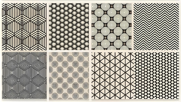 Photo geometric set of seamless black and white patterns simple vector graphics