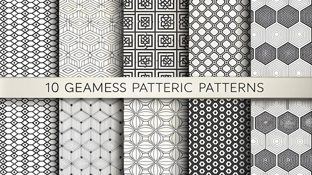 Photo geometric set of seamless black and white patterns simple vector graphics