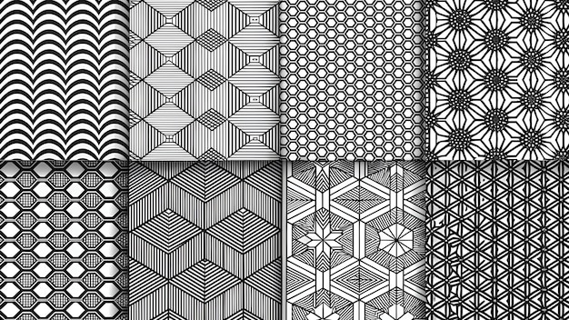 Photo geometric set of seamless black and white patterns simple vector graphics