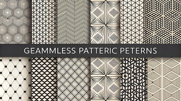 Photo geometric set of seamless black and white patterns simple vector graphics