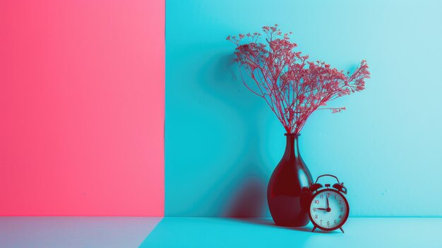 Photo geometric shapes against a soothing pastel green wall backdrop accentuated by an artistic clock on the table and a dried flower in a black vase