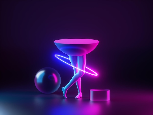 Geometric shapes and human model legs illuminated with pink blue neon light