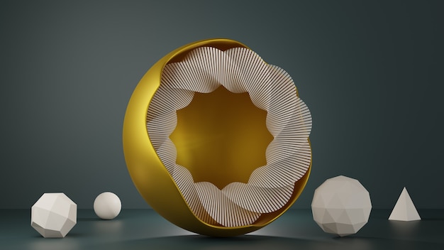 Geometric shapes with golden round frame. Spiral circle, pyramid, icosphere, sphere. Modern background for show of product design in trending colors 2021.