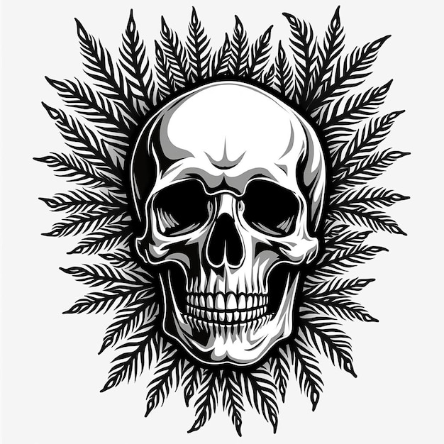 Photo geometric skull and foliage edgy monochromatic design for apparel and bold tshirt graphic