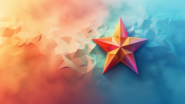 A geometric star in warm colors set against a vibrant gradient background creating a dynamic and abstract visual effect