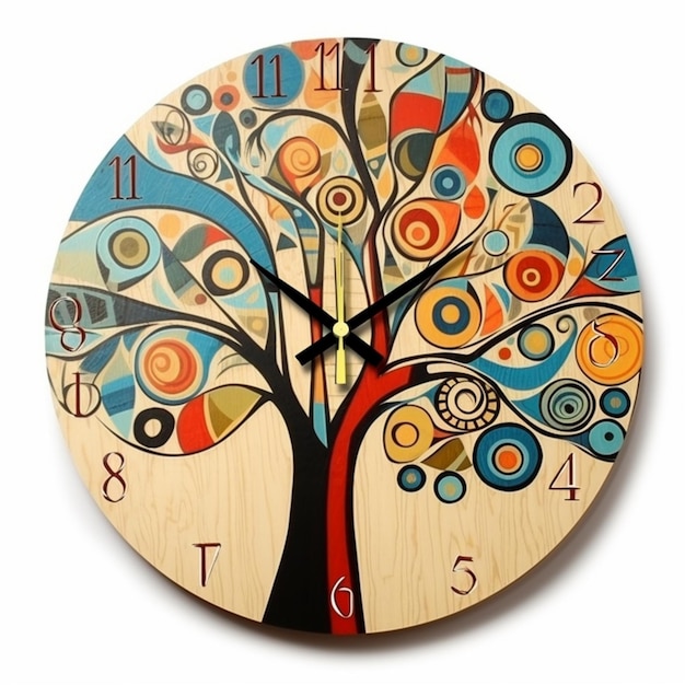 Geometric tree life wood wall clock illustration image Ai generated art