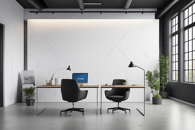 Geometric wall decals in a tech startup office mockup with blank white empty space for placing your design