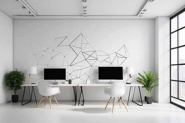 Geometric wall decals in a tech startup office mockup with blank white empty space for placing your design