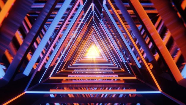 Geometric wallpaper with triangular tunnel Abstract background with orangeblue glowing neon light