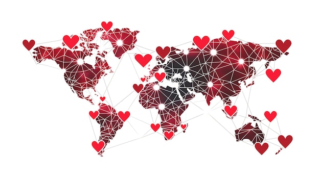 Geometric world map with red hearts connecting countries symbolizing global love and unity on a whit