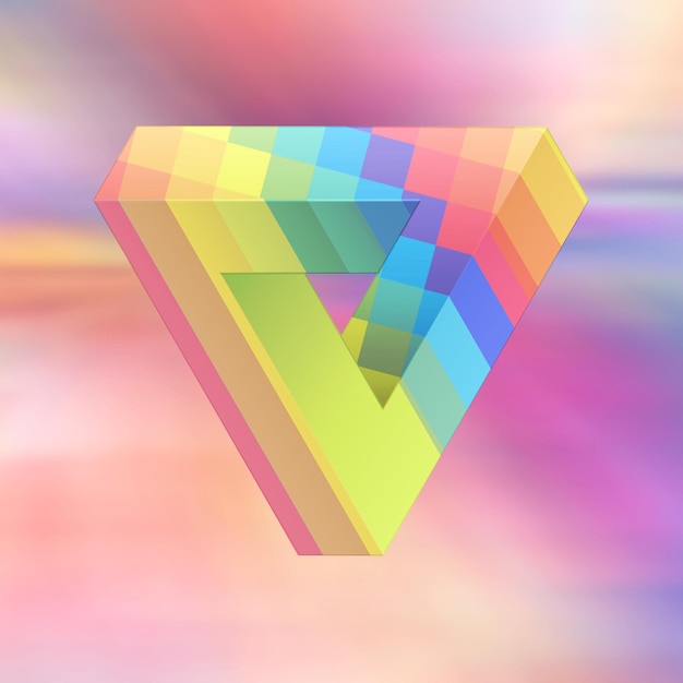 Geometry of the impossible. Impossible triangle with striking colors. 3d illustration. Gay flag.