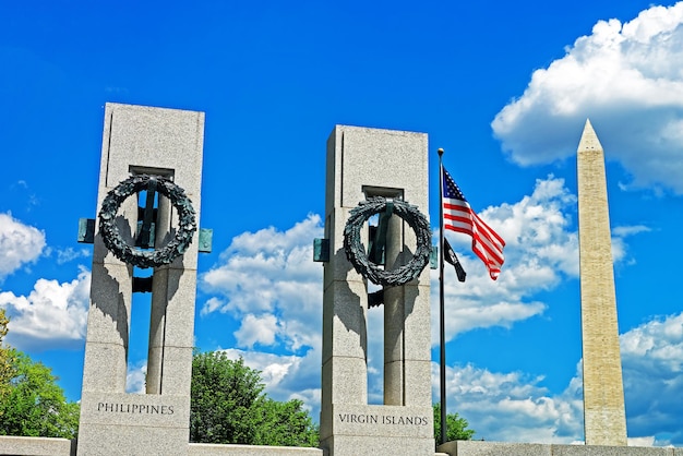 George Washington monument is pictured alongside the part of the World War II memorial in Washington D.C., USA. Both monuments are very important historic symbols for americans.