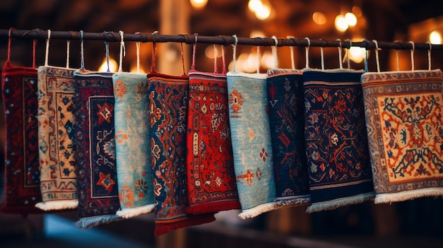 Photo georgian carpets with oriental patterns hang on a rope ai generative