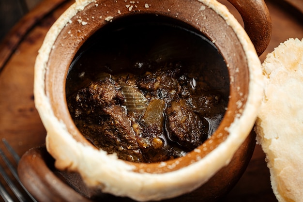 Georgian dish stewed meat chakondrili in a pot