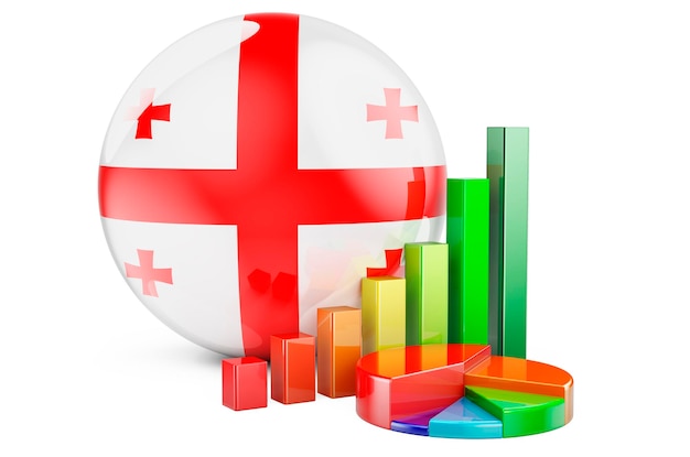 Georgian flag with growth bar graph and pie chart Business finance economic statistics in Georgia concept 3D rendering