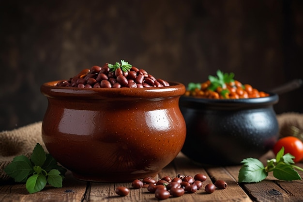 Georgian lobio cooked beans red beans with meat and spices lobio in ceramic pot on rustic background