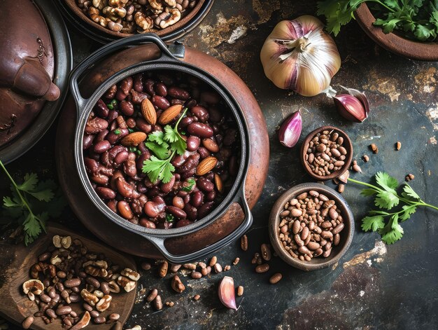 Photo georgian lobio cooked beans red beans with meat and spices lobio in ceramic pot on rustic background