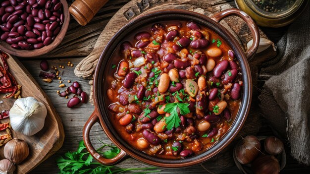 Photo georgian lobio cooked beans red beans with meat and spices lobio in ceramic pot on rustic background