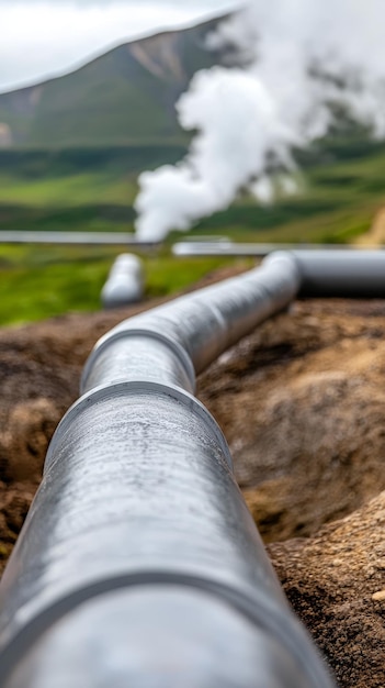 Photo geothermal energy pipeline infrastructure with steam vent in background iceland landscape