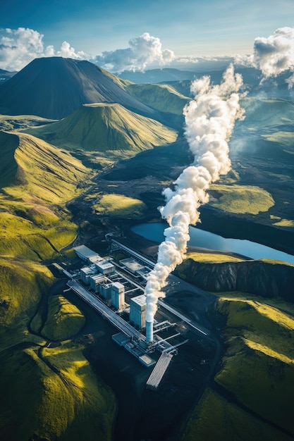 Photo geothermal power plant aerial view showcasing a modern geothermal power plant set against a