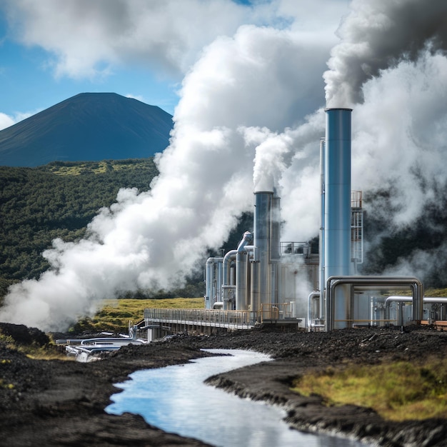 Photo geothermal power plant with steam rising from chimneys and a river in the foreground against a backdrop of a mountain and a cloudy sky