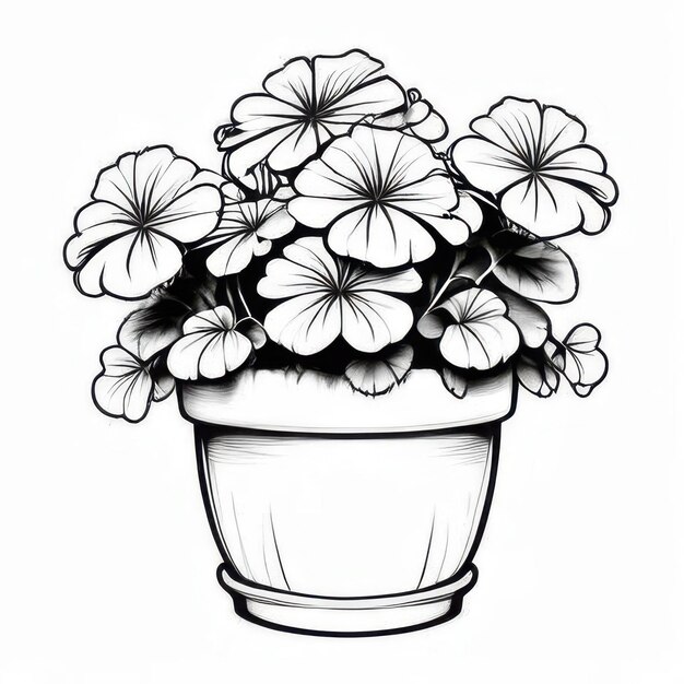 Geranium flower outline black and white cute coloring book