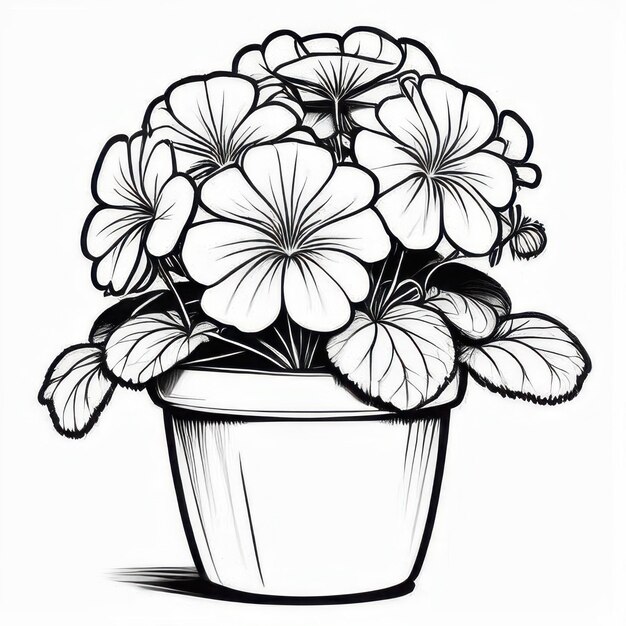 Geranium flower outline black and white cute coloring book