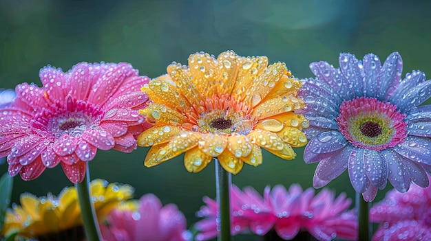 Gerbera flowers in different colors dew drops closeup warm sunlight Ferida de las flores