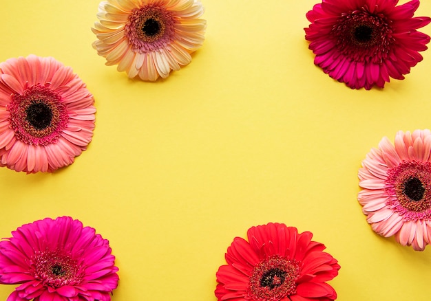 Gerbera flowers on a yellow