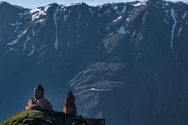 Gergeti Trinity Church near the village Stepantsminda in Georgia ,At an altitude of 2170 meters, und