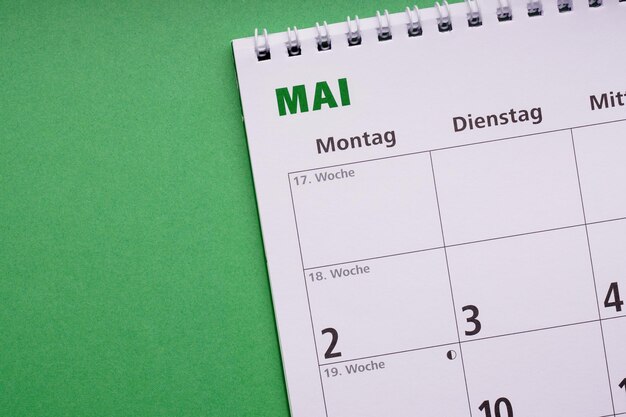 German calendar or monthly planner for may