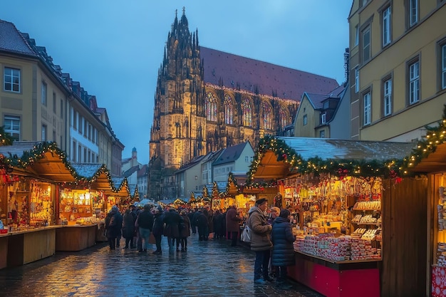 German Christmas market at dusk Oberer Markt Wurzburg Bavaria