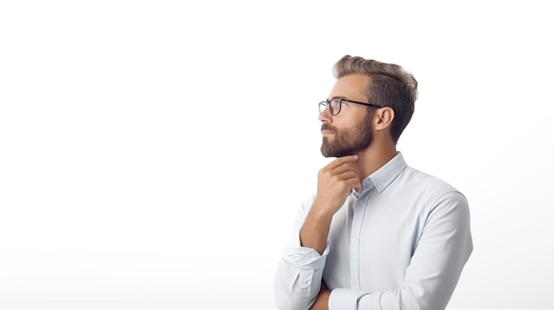 A German male architect looks to the left in a thinking pose