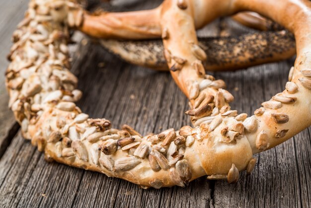 German pretzels on wooden table