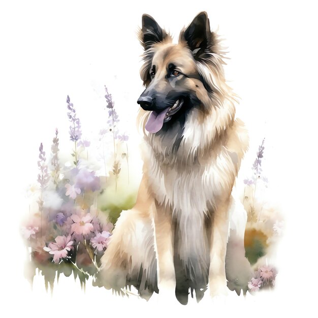 German shepherd dog in boho style surrounded by flowers and plants Beautiful German shepherd dog