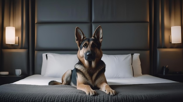 German shepherd dog Bulldog is lying on bed in hotel room with contemporary interior