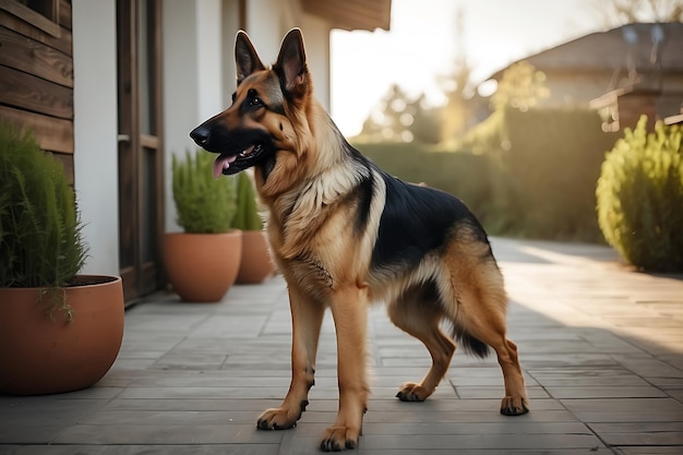 German shepherd dog in front of a new house