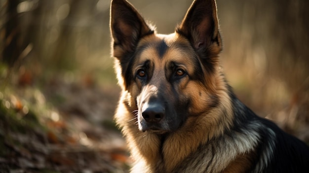 A german shepherd dog is sitting in the woods.