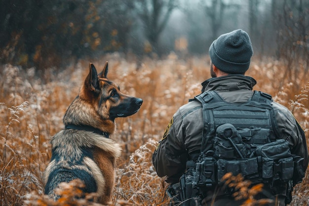 Photo a german shepherd dog and its handler in a forest