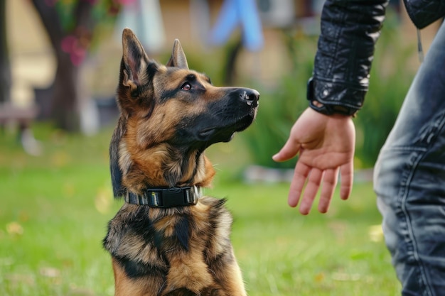 Photo german shepherd dog looking up at owner during training session in a park