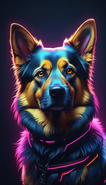 German shepherd dog portrait in neon light