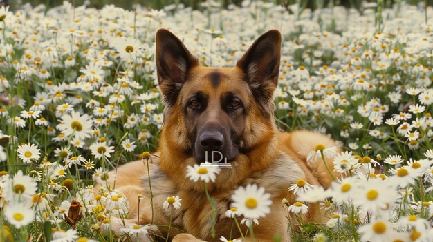 German Shepherd Dog Relaxing in Daisy Field