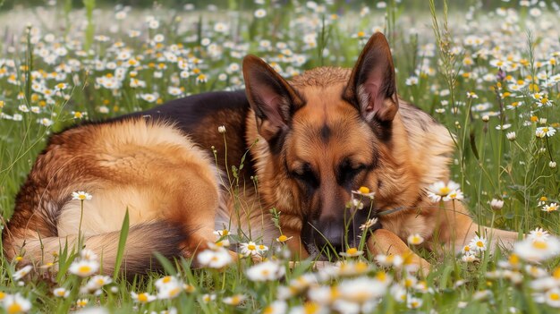 German Shepherd Dog Relaxing in Daisy Field