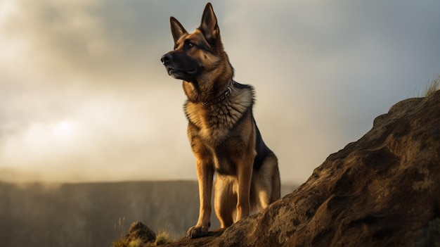 German shepherd dog on a rock