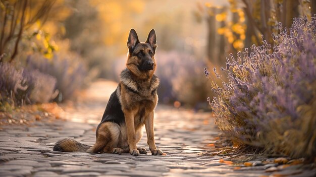 Photo a german shepherd dog sits on a path in the woods