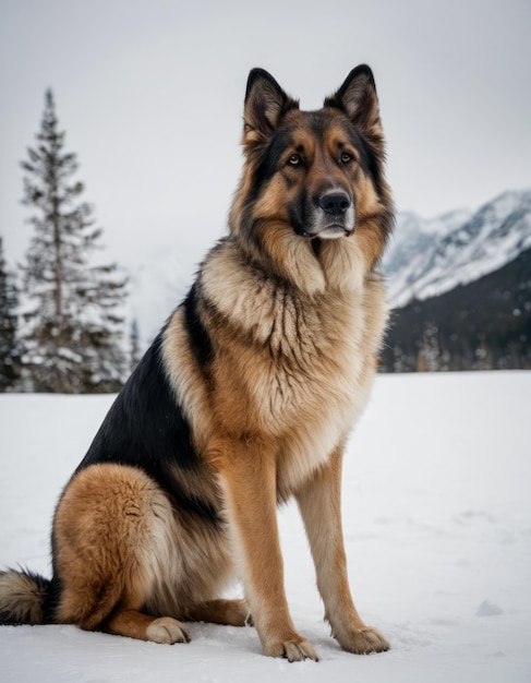 a german shepherd dog sits in the snow with a mountain in the background