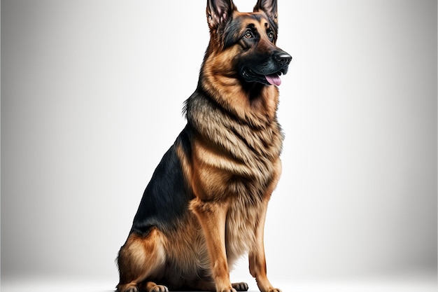 German shepherd dog sitting in front of a white background generative ai